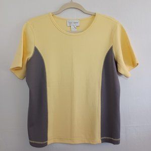 Sport Savvy Size M Woman's Yellow/Grey Waffle Knit Short Sleeve Blouse Tee Top